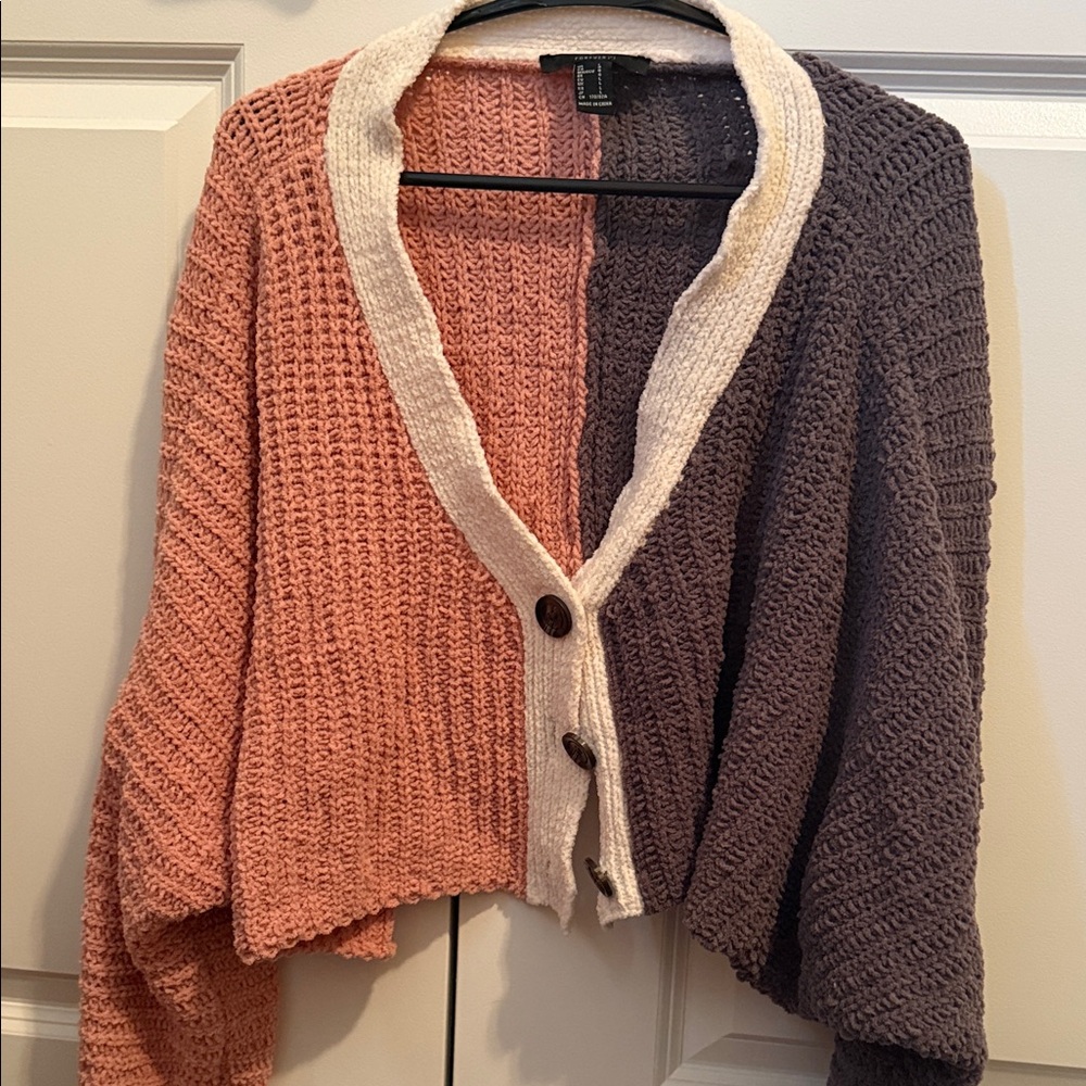 Forever 21 Rose, Cream & Charcoal Colorblock Shawl Collar Cardigan